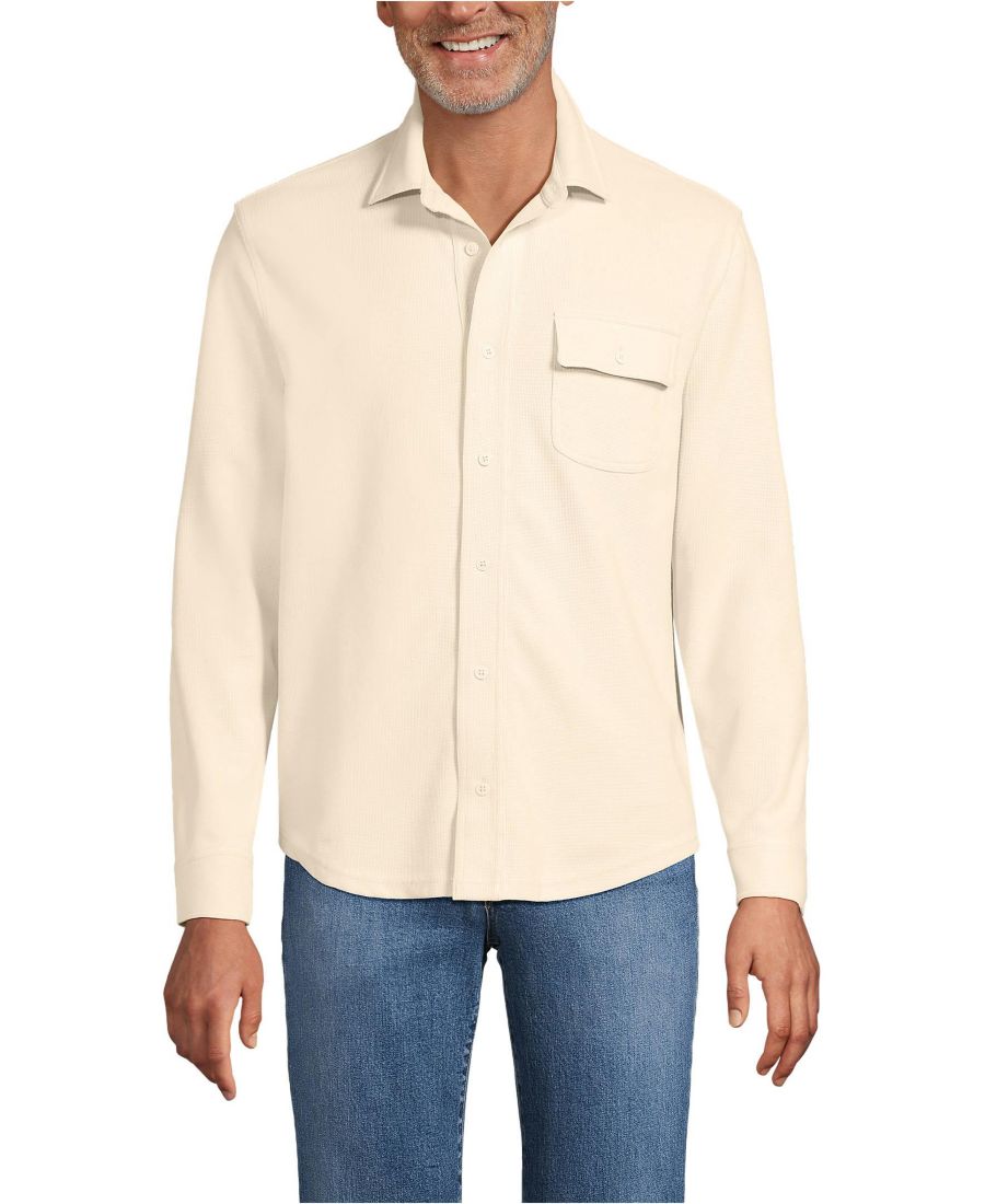 

Мужская трикотажная рабочая рубашка с длинным рукавом вафельной текстуры Lands' End, Ivory latte