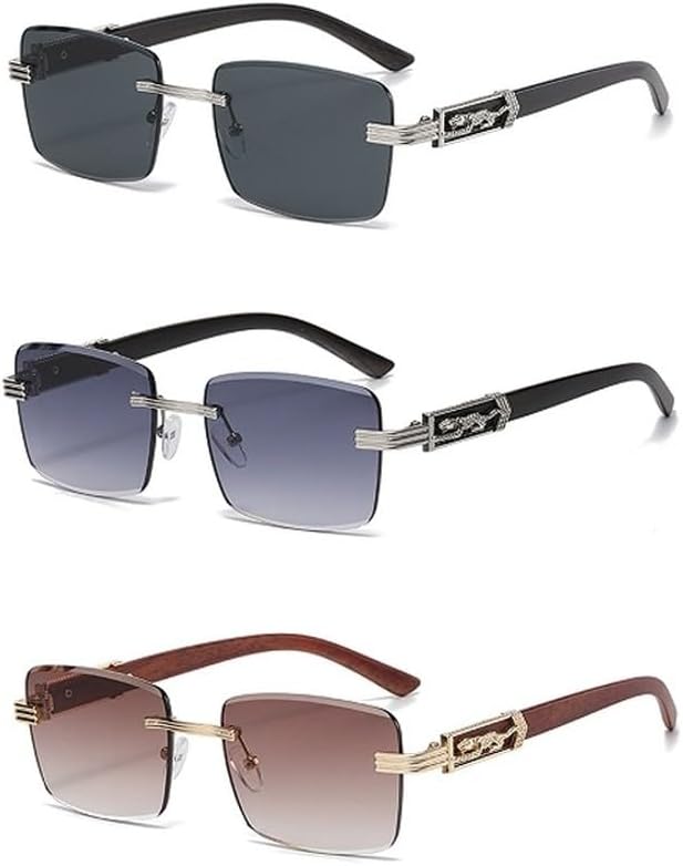 

Декоративные солнцезащитные очки с имитацией древесной текстуры и рисунком гепарда, красочные ретро-очки без оправы квадратной формы с металлическим каркасом и изображением головы леопарда GHVWYX, 3pcs Blackgreybrown