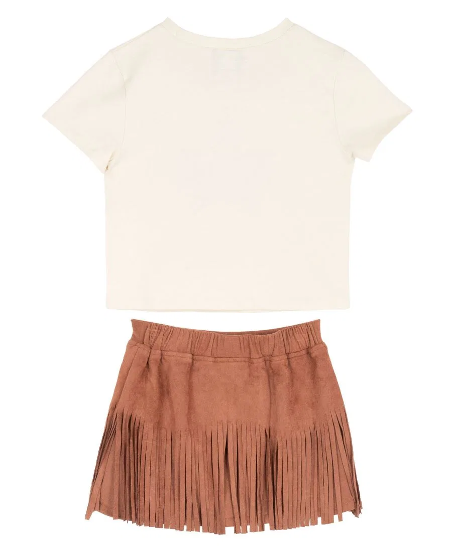 Комплект из футболки с принтом и юбки с бахромой Cowgirl Graphic Knit T-Shirt and Fringe Stud Skirt, 2-Piece Set Rare Editions, Cream — фото 2