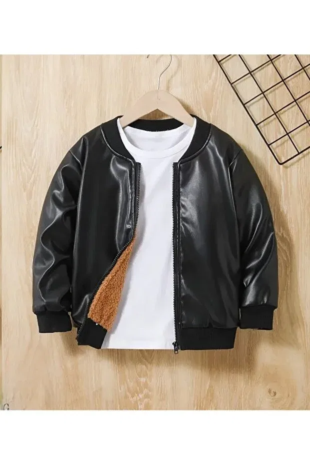 Детское пальто из искусственной кожи с плюшевыми деталями Shop, Черный