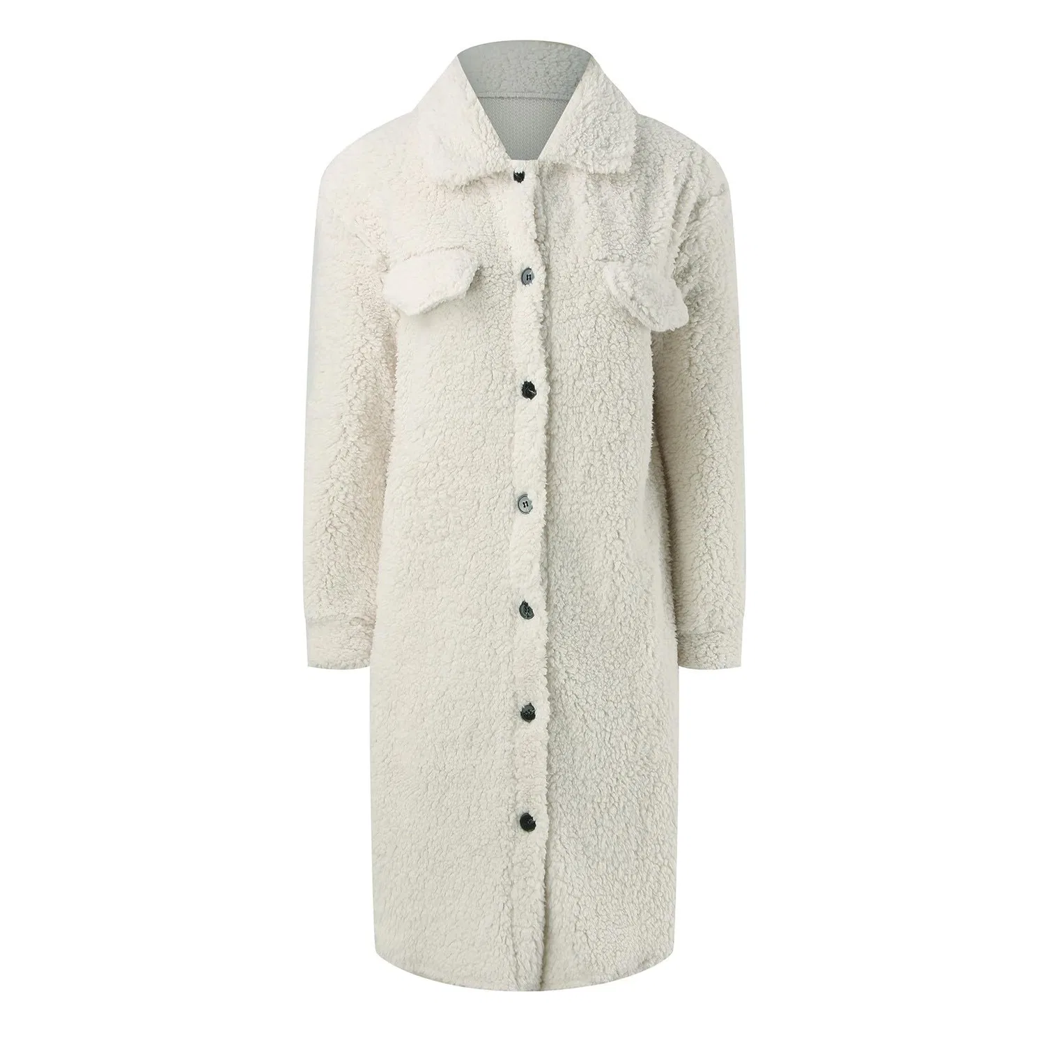 Женское пальто с длинным рукавом, модель Women Winter Coats Fleece Jacket Long Sleeve Cardigan Sweatshirts Open Front Lapel Outerwear, bianco — фото 4