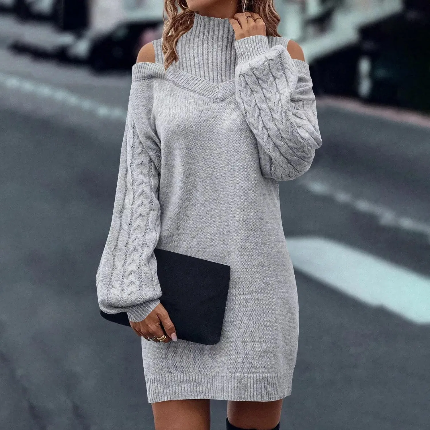 Женское платье-свитер с имитацией рукава-фонарика, модель Mock Neck Sweater Dress, серый — фото 2