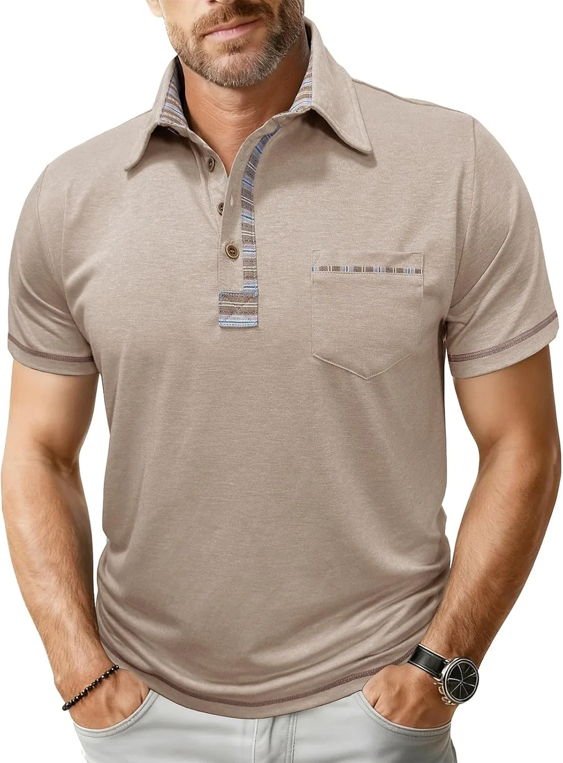 Мужская спортивная футболка поло с пуговицами и карманом, Cotton Blend, Beige — фото 2
