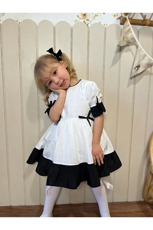 Детское платье для девочек хлопковое Defne Girl Dress-Short Sleeve Pinkitokids, Black And White