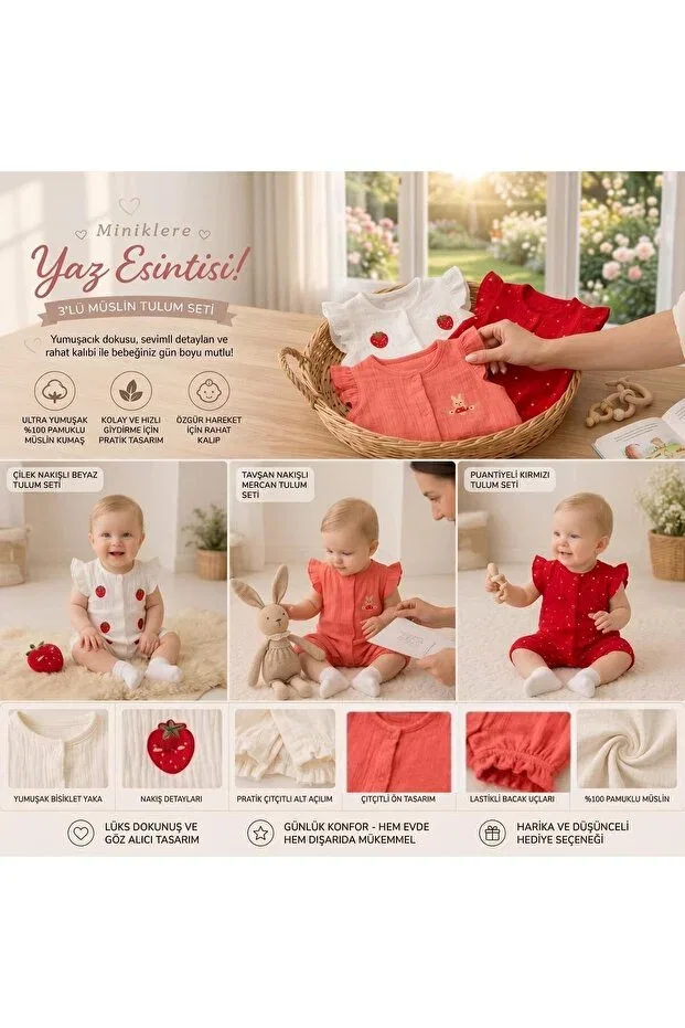 Детский комбинезон для девочек хлопковый 3-предметный набор Altintaş Baby, White Pink — фото 3