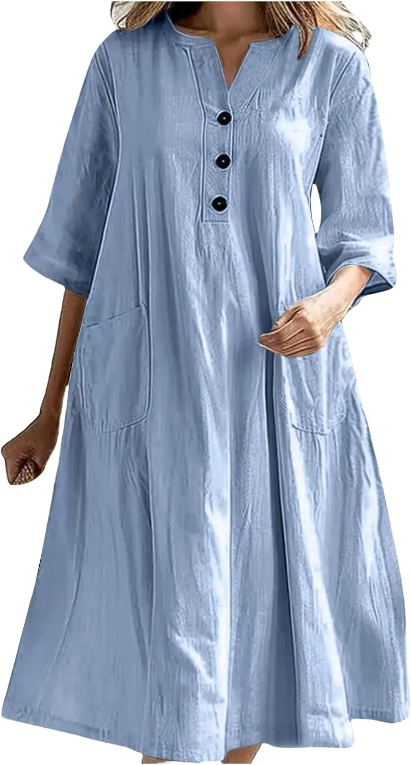 Женское летнее платье миди на Relaxed Fit из хлопка и льна, Blue