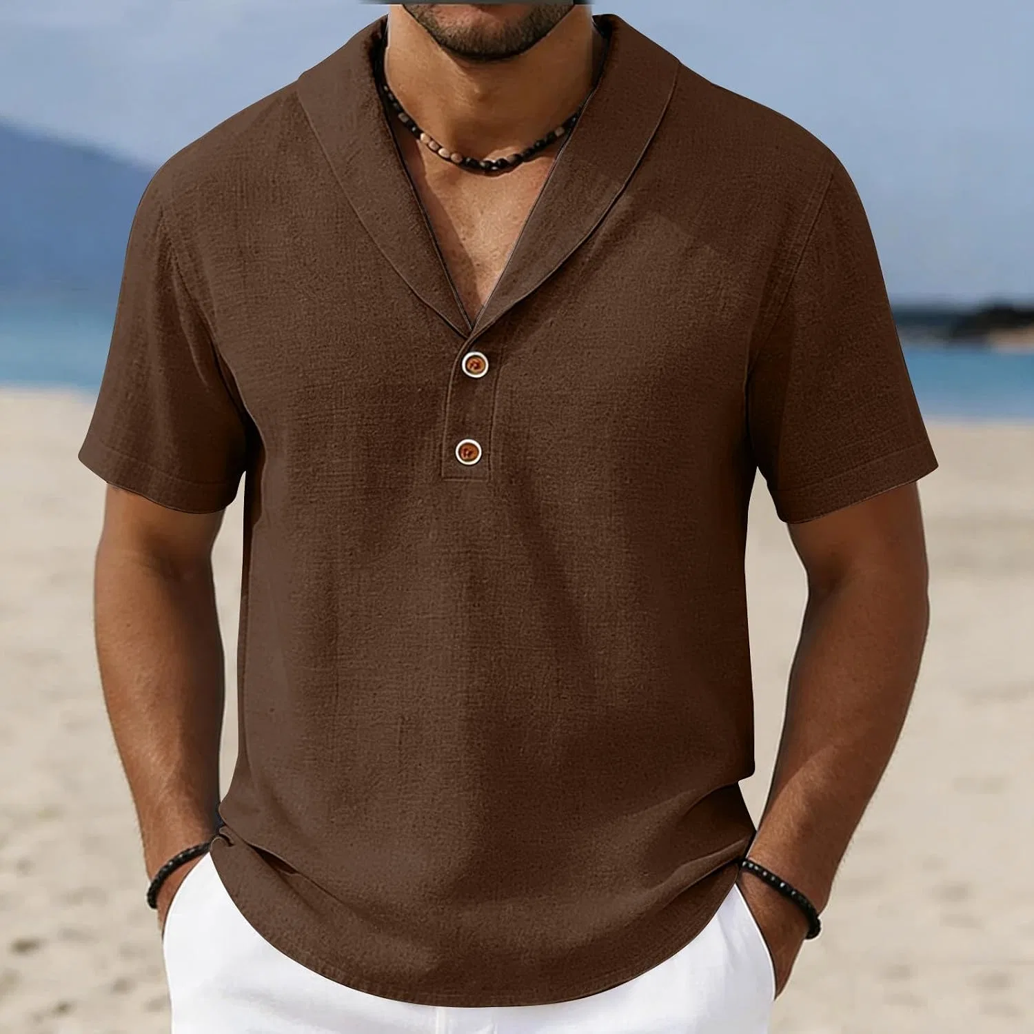 Мужская футболка с воротником-поло из льна Generic, Brown — фото 2