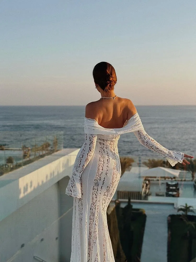 Женское вечернее платье с кружевом Off Shoulder, White — фото 3