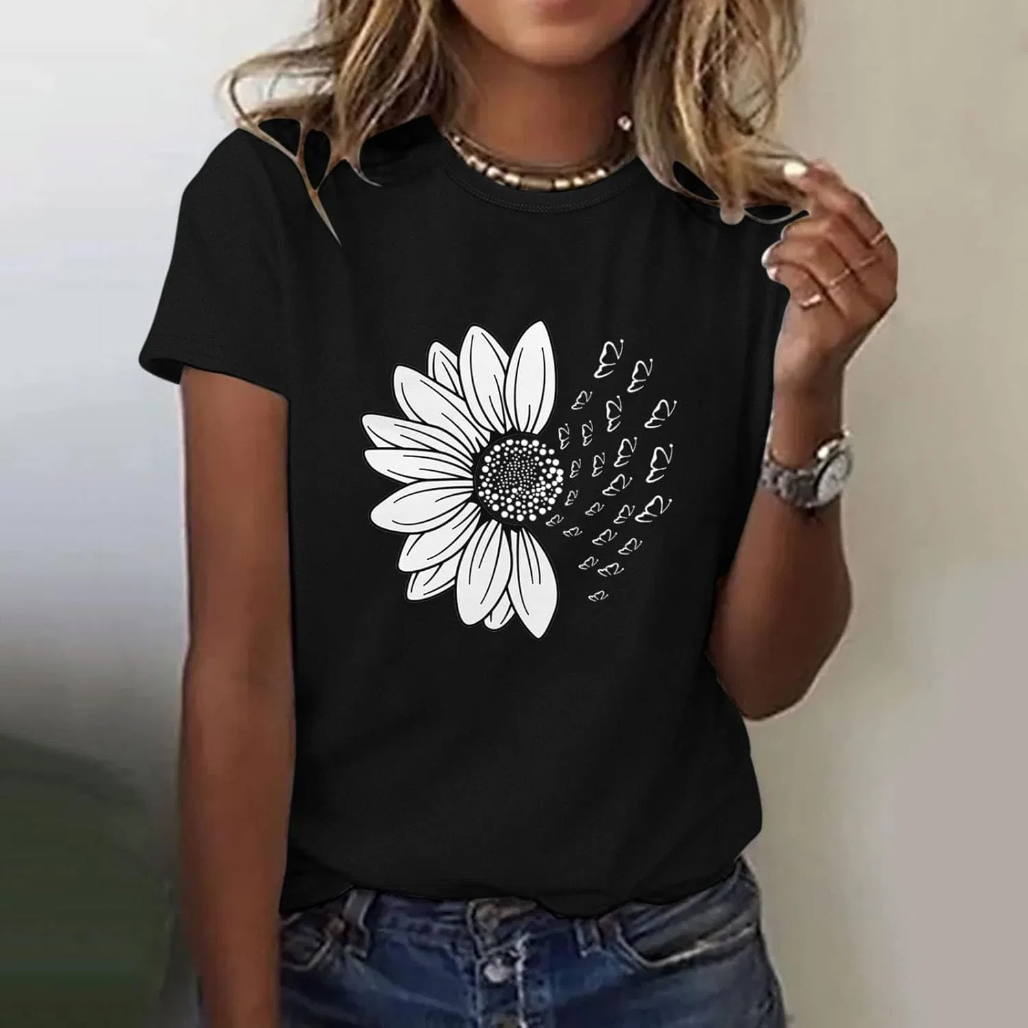 Женская свободная футболка с принтом подсолнуха Sunflower, Black — фото 2