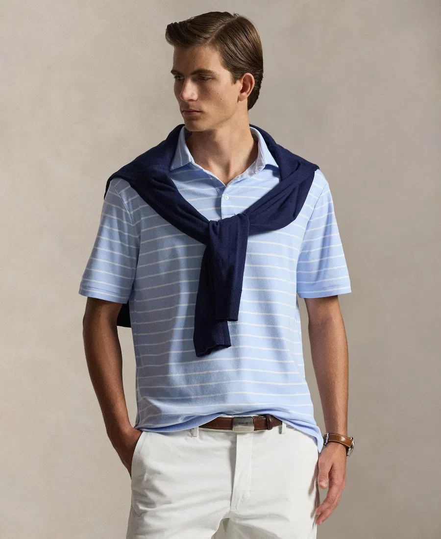 Мужское поло с коротким рукавом из хлопка Classic Striped Soft Cotton Polo Ralph Lauren, Pebble Blue/White
