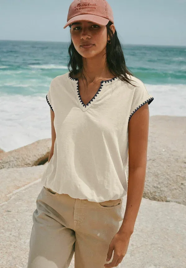 Топ хлопковый Regular Fit Bubblehem Notch Neck Whipstitch Short Sleeve Top Next, белый