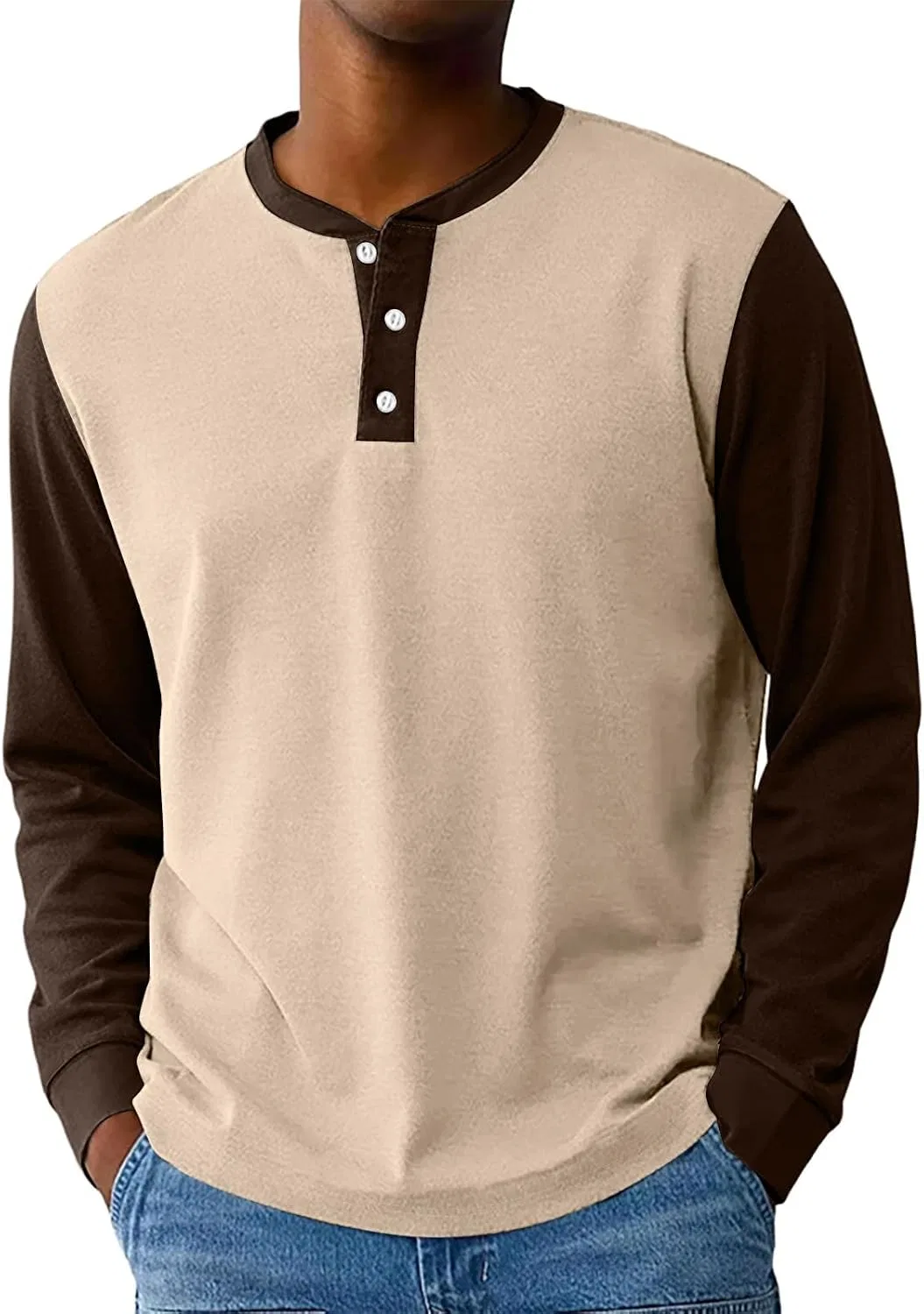 Мужская футболка с контрастными рукавами Henley, Yk91-beige