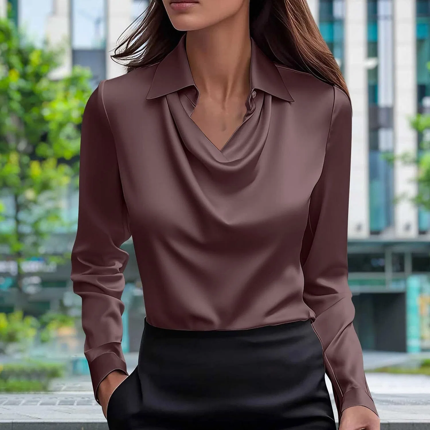 Женская элегантная блуза с воротником-качели Pelang, D-brown — фото 2
