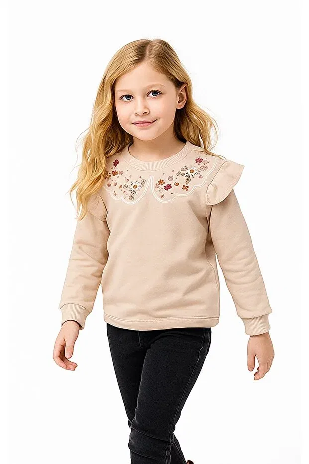Детские свитшот для девочек с вышивкой Ruffled Collar Floral Embroidered 2 Thread Long Sleeve Overdo, Cream
