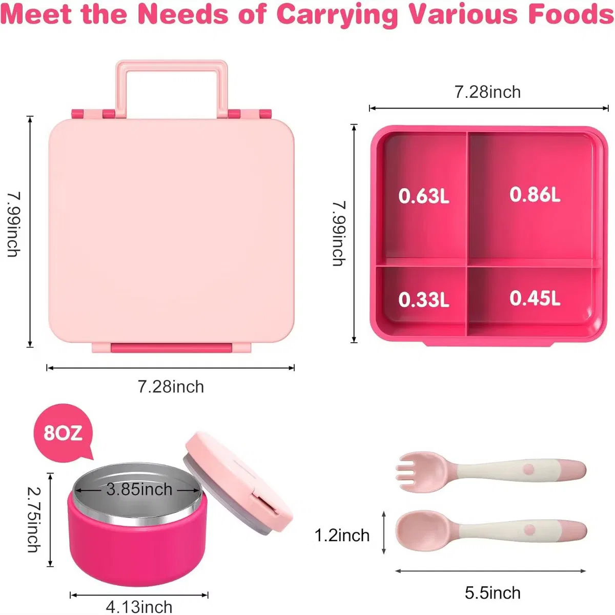 Контейнер для еды детский 8 см с термосом 0,24 л 4-секционный набор Kids Bento Lunch Box with 8oz Soup Thermo LEVEN SIXTEEN, Blue — фото 4