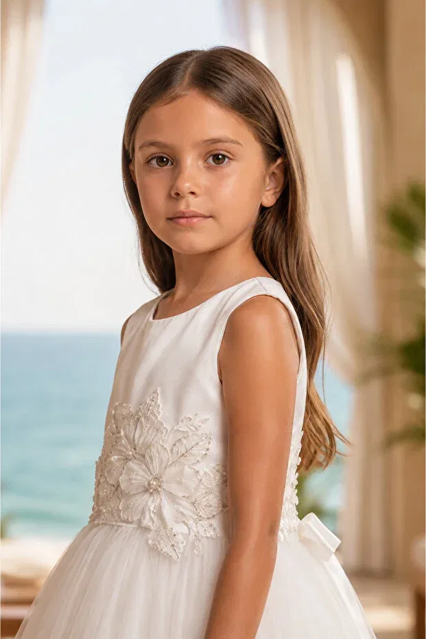 Детское платье для девочек с принтом Floral patterned appliqued top design girls white evening dress wedding, graduation Lindissima, White — фото 2