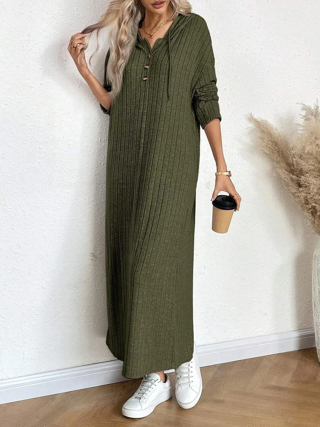 Женское повседневное платье миди с капюшоном, Army Green — фото 4