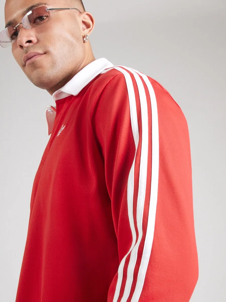 Футболка ADIDAS ORIGINALS '3-Stripes Rugby Longsleeve' красного цвета — фото 3