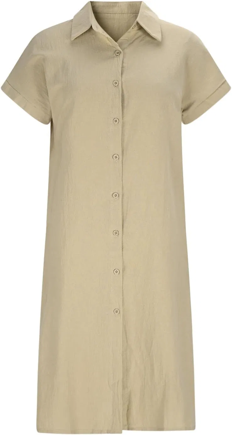 Женское хлопково-льняное миди платье-футболка с коротким рукавом, Khaki — фото 4