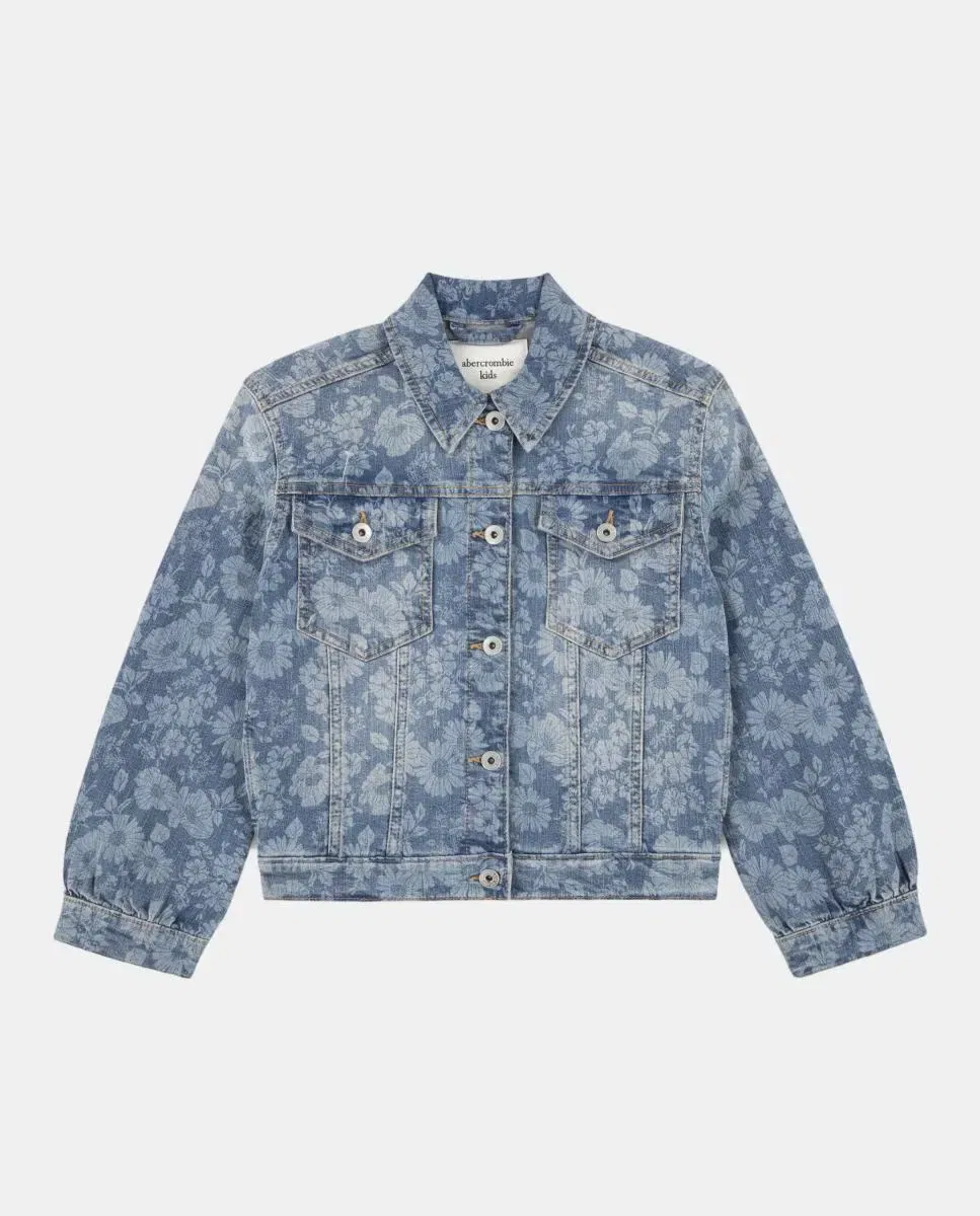 Детская джинсовая куртка для девочек оверсайз с цветочным принтом Abercrombie Kids, Blue — фото 2