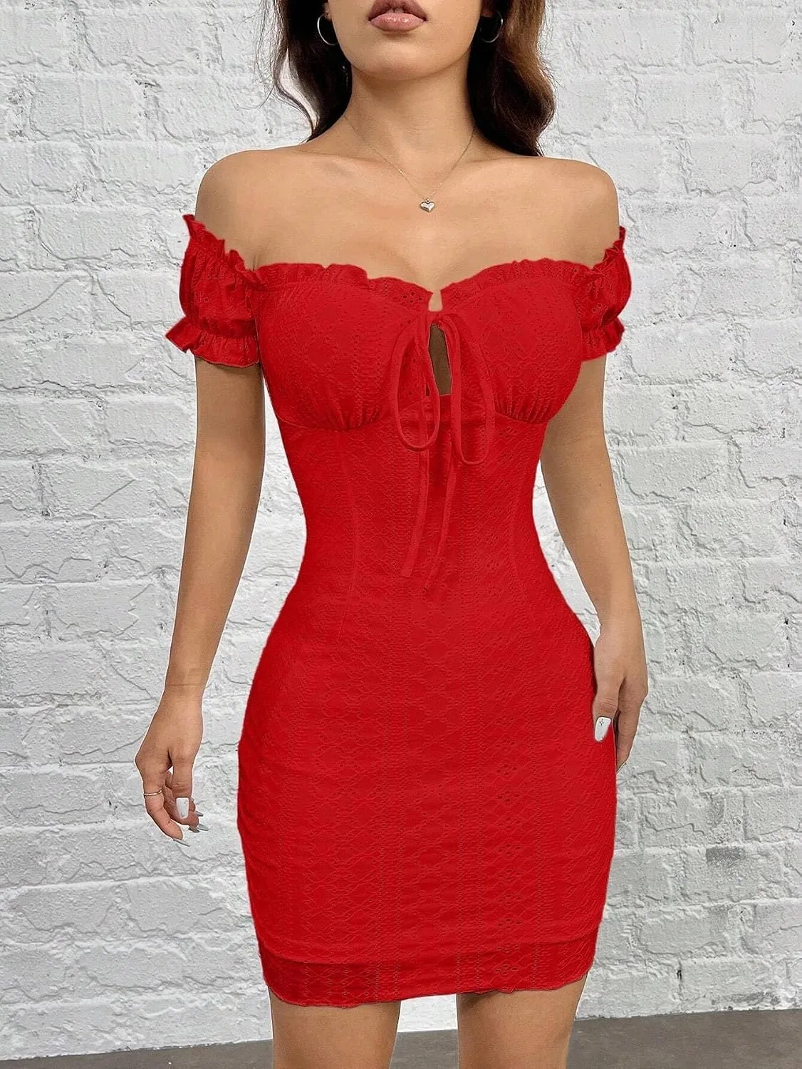 Женское облегающее платье с открытыми плечами, Red — фото 4