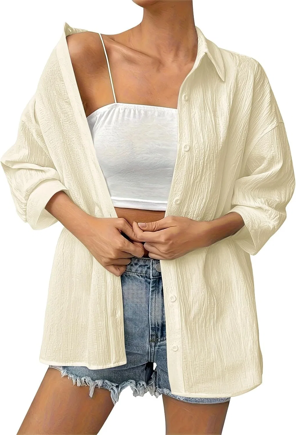 Женская летняя рубашка с коротким рукавом свободного кроя Beach Vacation Cover Ups, Beige-02 — фото 4