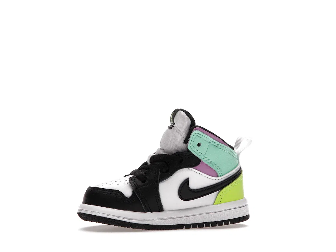 Детские кроссовки с высоким берцем Jordan 1 Mid Pastel Black Toe Jordan, White/Black-Volt-Green Glow — фото 3