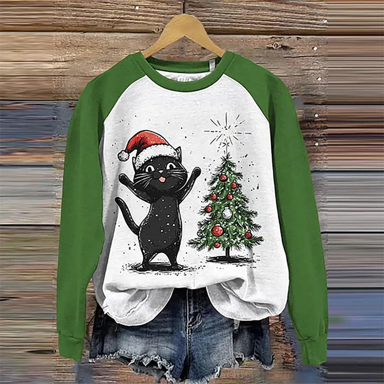 Женский свитшот с принтом Christmas Tree Funny Cat Say What Woman Pullover, Z12 Green — фото 2