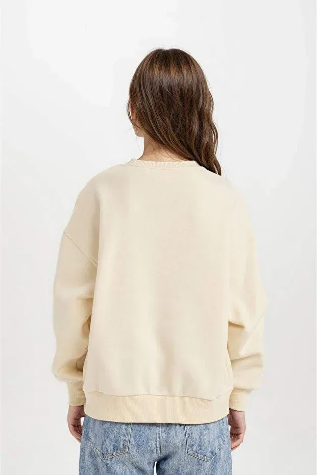 Детские свитшот для девочек с принтом Relax Fit Crew Neck Printed Defacto, Ekru-Er99 — фото 4