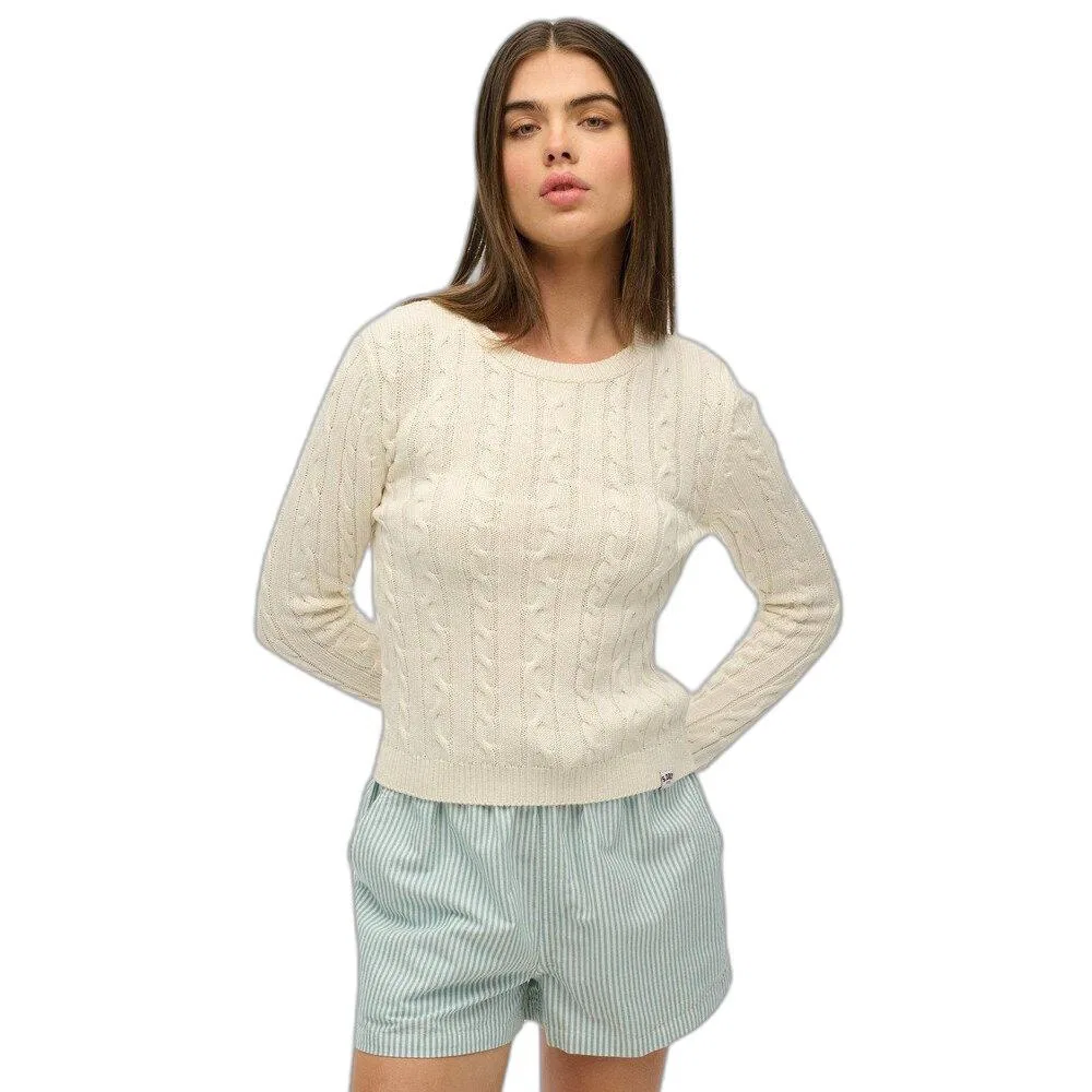 Женский пуловер с мелкой вязкой и косами Superdry, Beige / Baumwollweiß / Weiss — фото 2