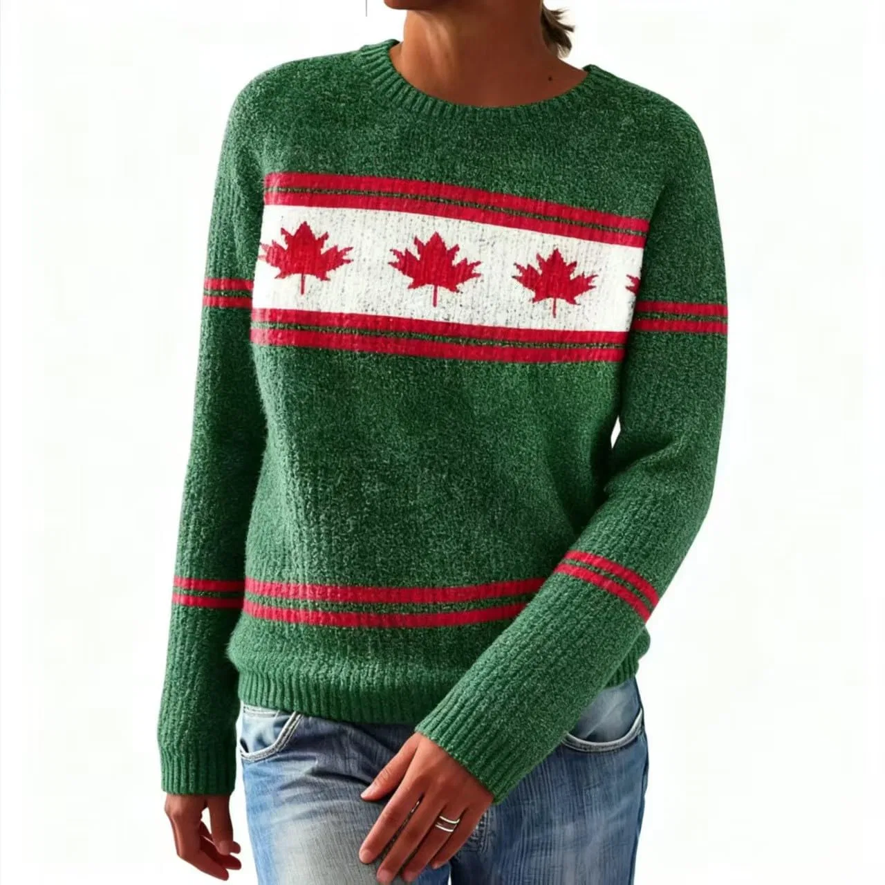 Женский свитер оверсайз с принтом Maple Leaf Print, Dark Green — фото 4