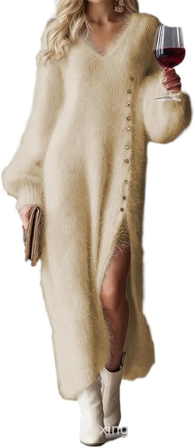 Женское макси-платье свободного кроя с V-вырезом Knit Dress, Apricot