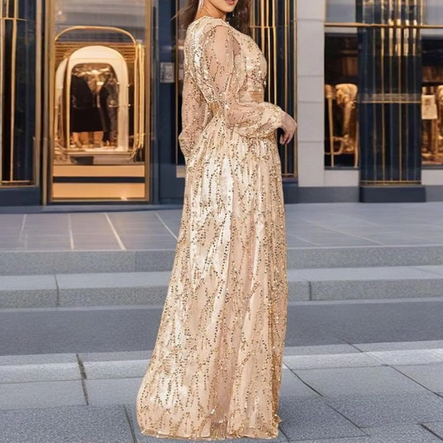 Женское вечернее платье с пайетками и пышными рукавами, Golden — фото 3