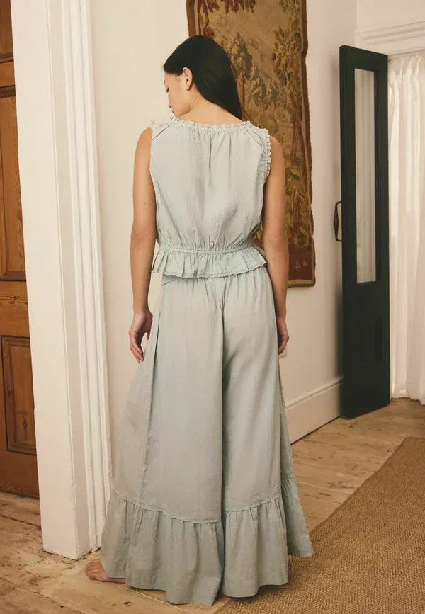Пижамный комплект из хлопка Regular fit cotton embroidered built up vest and wide leg floaty pyjama bottoms set Next, pale blue, бледно-голубой — фото 2