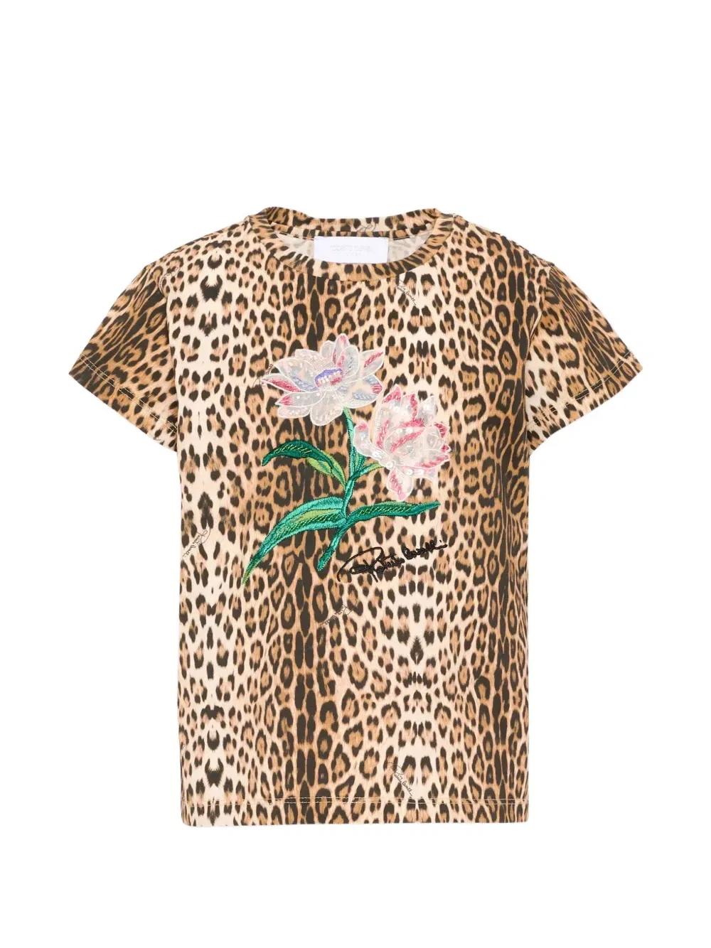 Футболка с леопардовым принтом, украшенная пайетками Roberto Cavalli Junior, бежевый