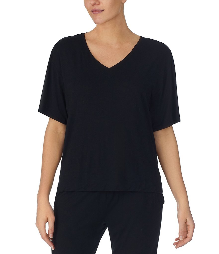 

Donna Karan Комбинированный топ для отдыха из микромодала с короткими рукавами и V-образным вырезом, черный