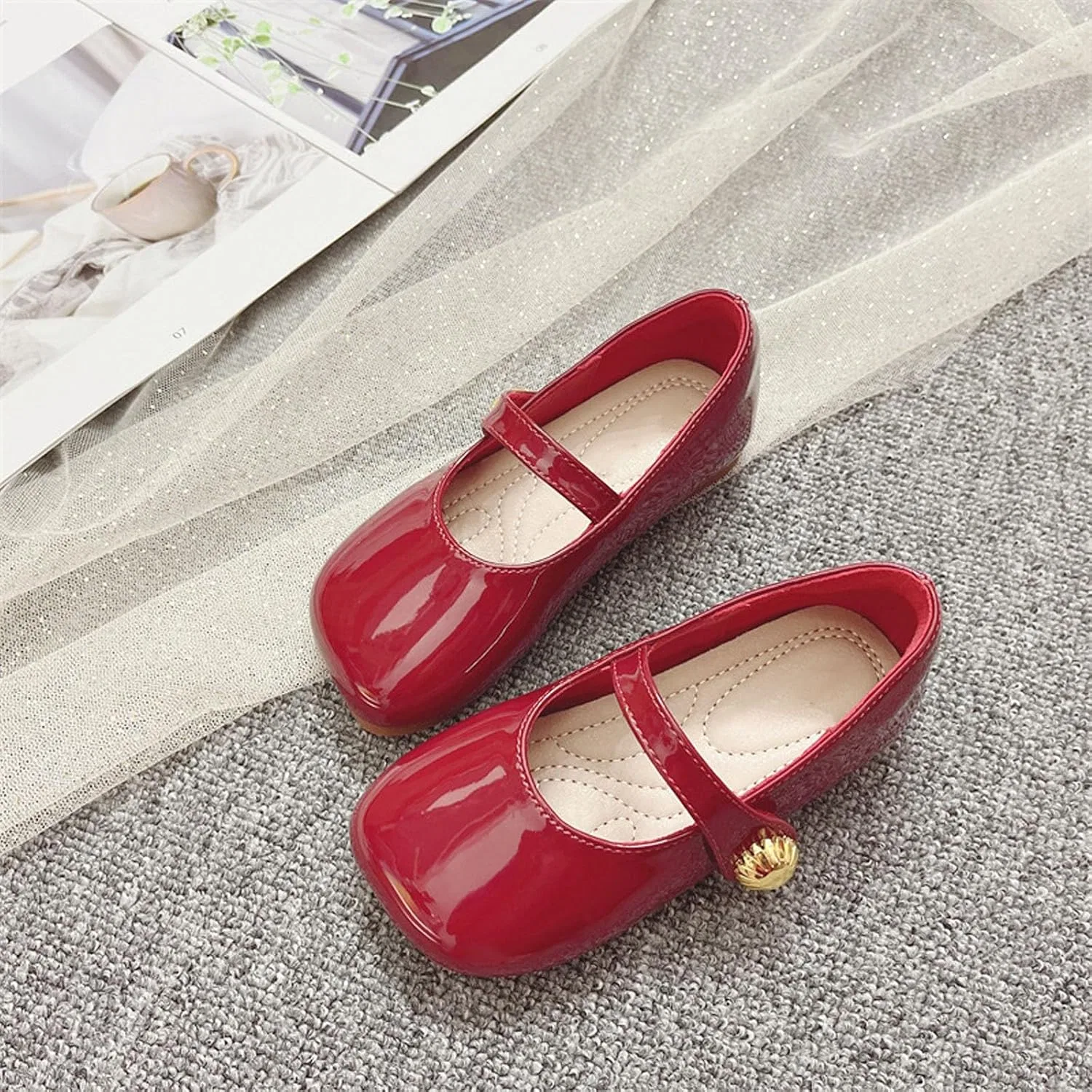 Детские туфли для девочек с принтом, модель Girls' Leather Shoes, бренд, Red — фото 4