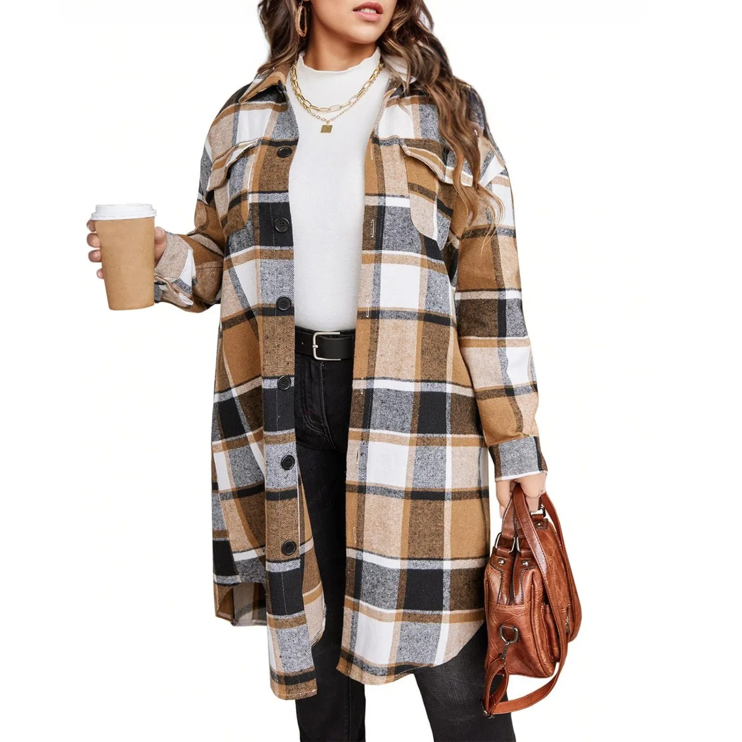 Женская рубашка-куртка с принтом в клетку Oversized Plaid Shacket, dark khaki — фото 4