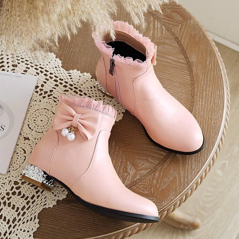 Детские ботинки для девочек с бантом и рюшами BININBOX, Pink — фото 2