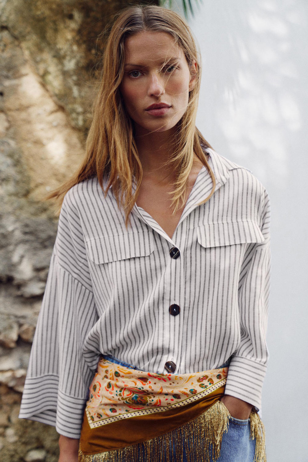 Рубашка Zara Striped Linen Blend, белый/коричневый — фото 4