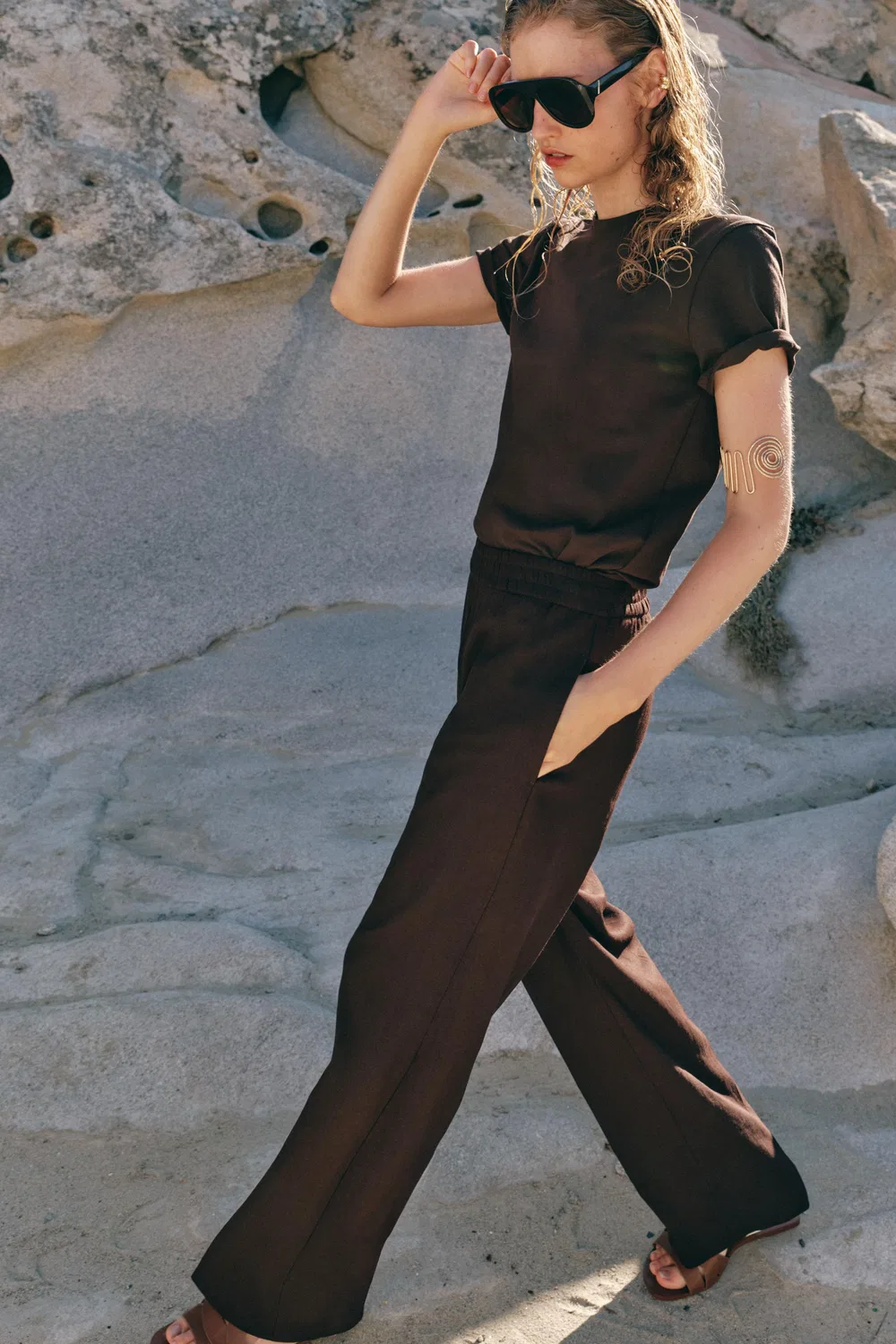 Прямые брюки из льна ZARA, Dark Brown — фото 4