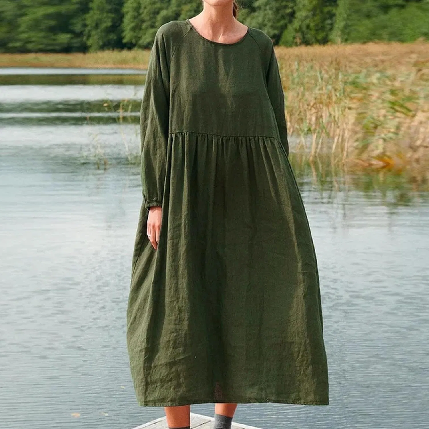 Женское плюс-сайт туническое платье свободное макси, Army Green — фото 2