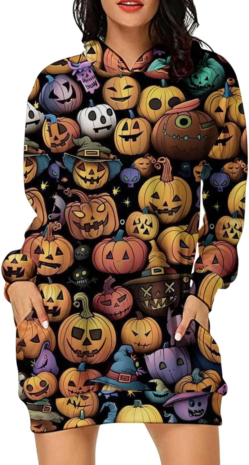 Женское худи-платье с принтом, Halloween Dresses, чёрный