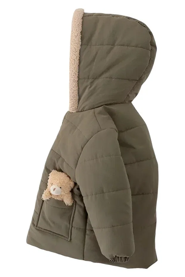 Детское пальто для девочек с капюшоном Çaren kids-shepherd button detailed welsoft (furry) unisex coat Mdm, Khaki — фото 3