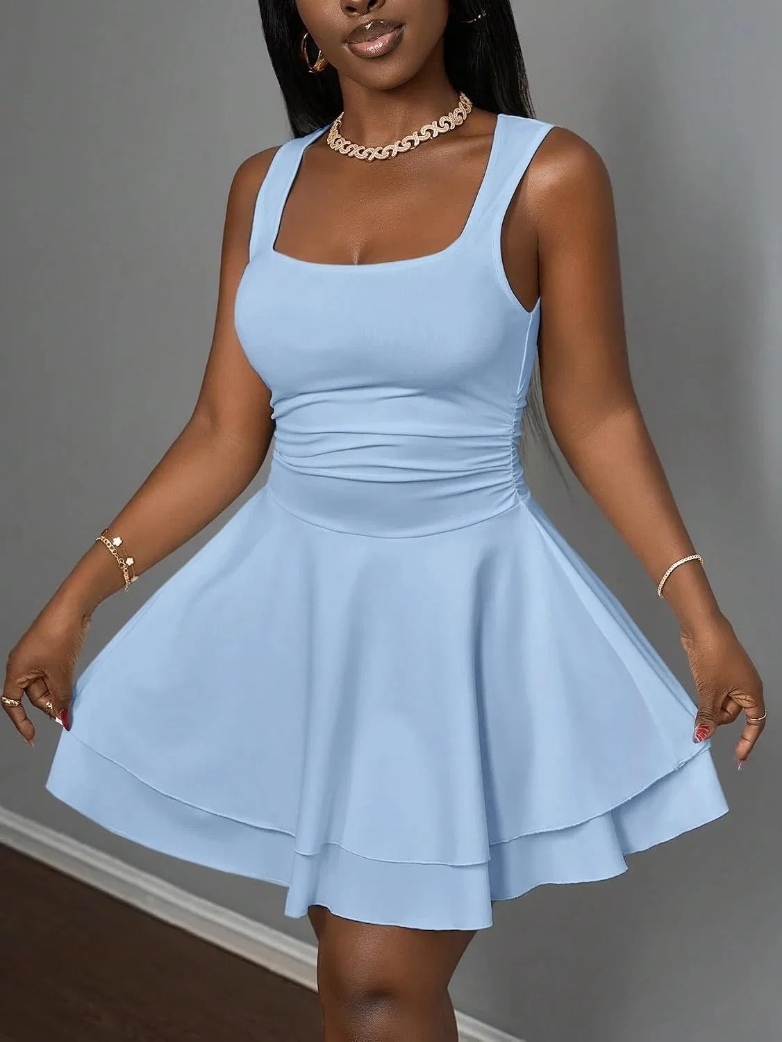 Женское мини-платье с квадратным вырезом Bodycon, Blue — фото 4