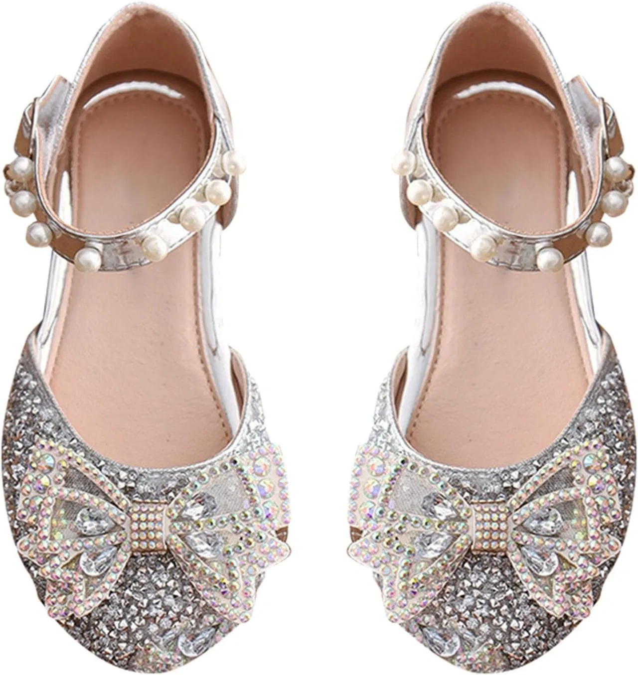 Детские туфли Мэри Джейн для девочек с принтом, Rhinestones Bowknot Flower Girl Wedding Party Pearl Strap Dress Shoes, Silver