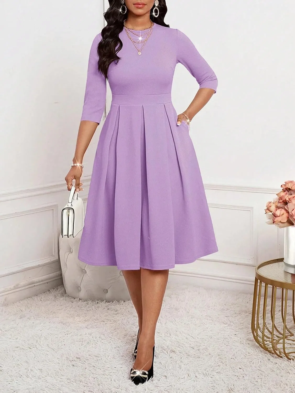 Женское элегантное платье A-силуэта с плиссе, Lilac Purple — фото 4