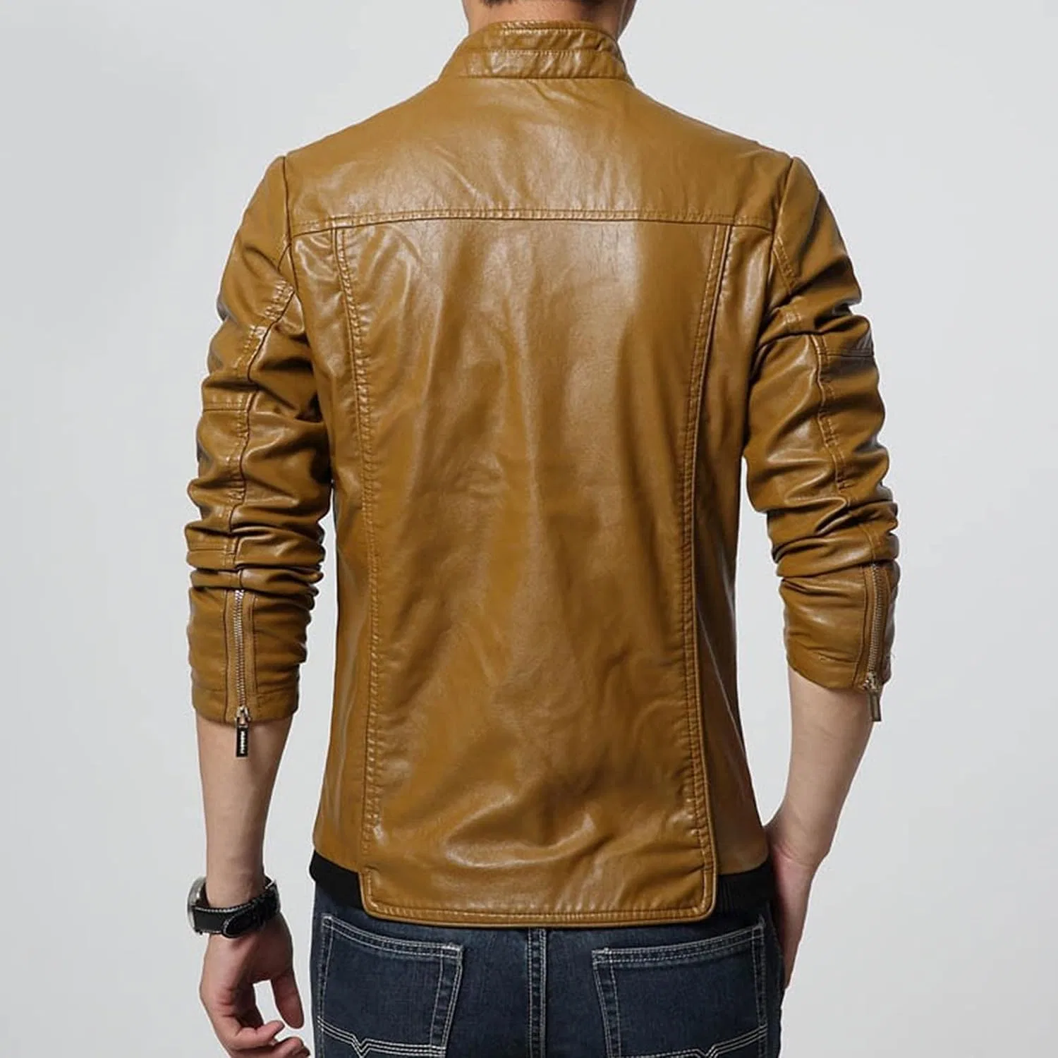 Мужское кожаное пальто с воротником-стойкой, Slim Fit, мотоциклетный стиль, хаки — фото 4