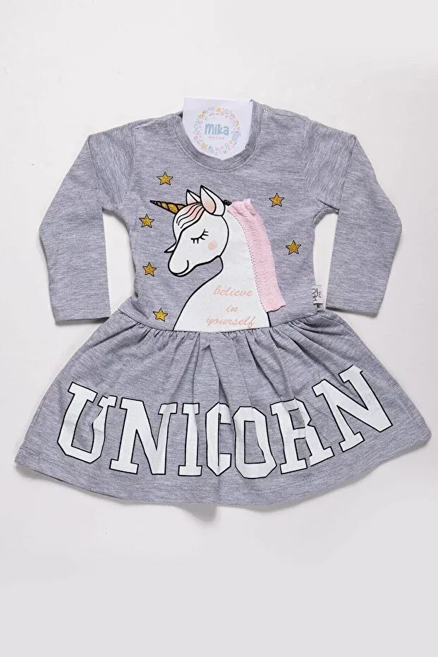 Детское платье для девочек с принтом Unicorn Mika Bebek & Çocuk, Gray — фото 2