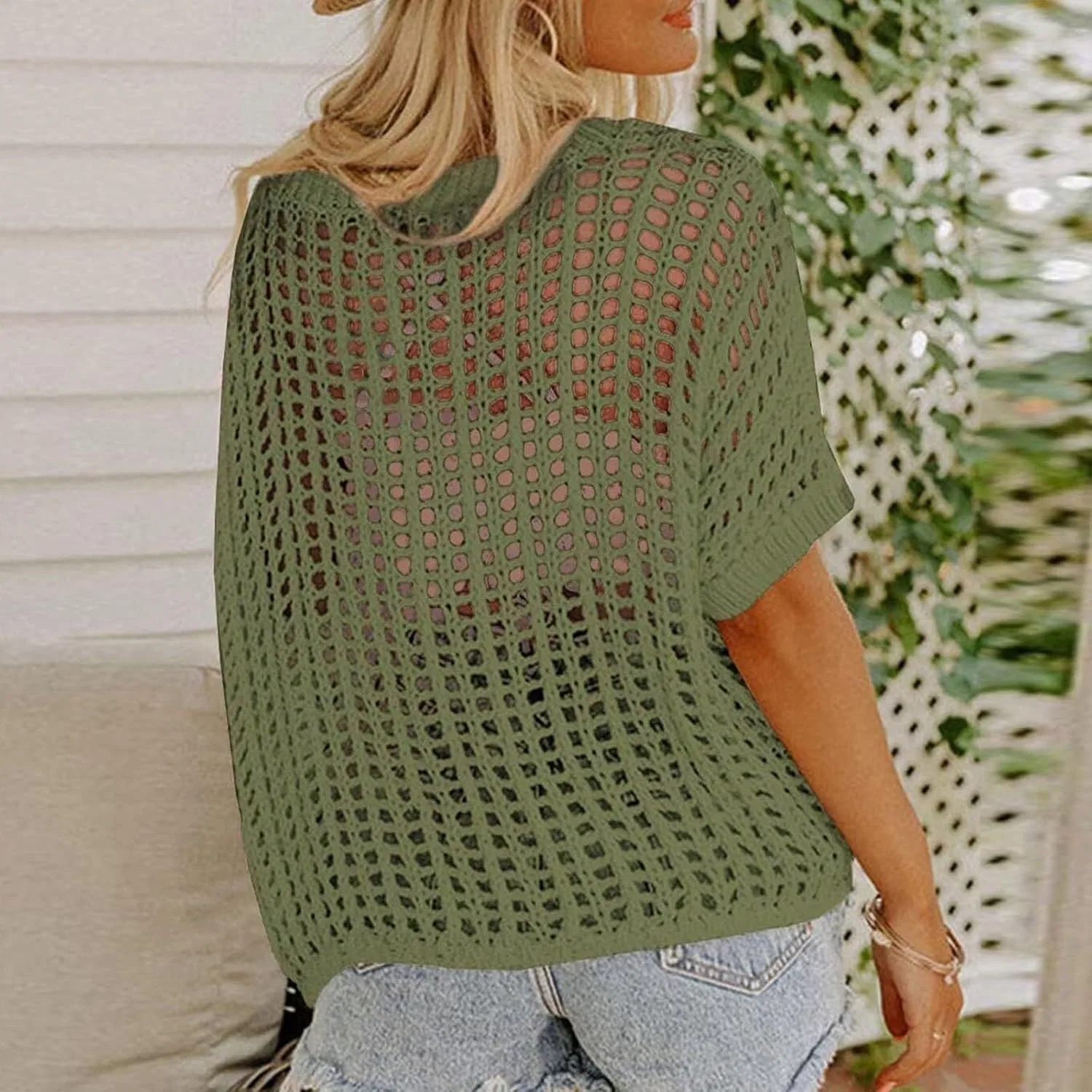 Женский свитер с широким вырезом и коротким рукавом, ажурный, модели Beach Coverup, 1a-Blackish Green — фото 2